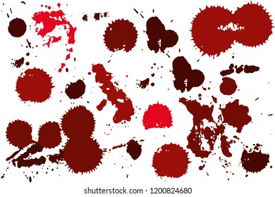 Hand drawn set of red ink spots isolated on white background. Paint splat set ink. Splat drop vector. Blood splash. Paint blob.