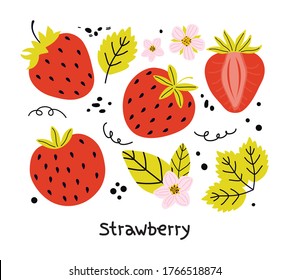 Hand drawn set of red strawberries with leaves and flowers isolated on a white background. Elements of juicy summer berries for the design of stickers, menu posters. Vector flat illustration
