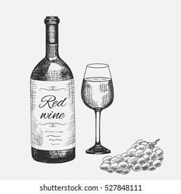 Hand drawn set of red wine composition. Vector illustration. Set used for advertising beverage in restaurant or bar menu, for logo design.