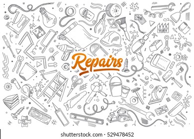 Hand drawn set of repairs instruments doodles with lettering in vector