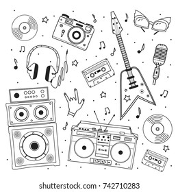 Hand drawn set retro musical equipment. Record player, guitar, headphones, cassette, vinyl, microphone isolated on white