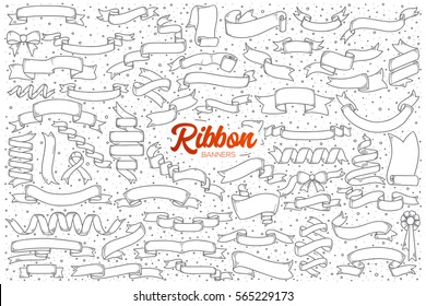 Hand drawn set of ribbon banners doodles with red lettering in vector