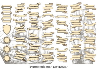 Hand drawn set of ribbons and banners. Vector isolated objects.