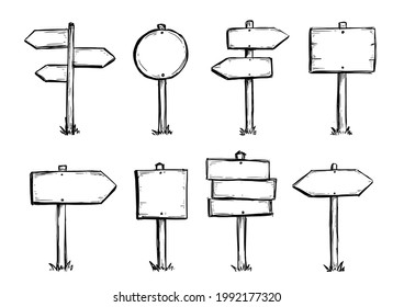 Hand drawn set of road direction sign. Doodle sketch style. Sign with wood plank. Grunge vector illustration.