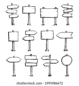Hand drawn set of road direction sign. Doodle sketch style. Sign with wood plank. Grunge vector illustration.