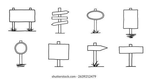 Hand drawn set of road direction sign. Doodle sketch style. Sign with wood plank. Grunge vector illustration.
