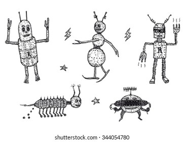 Hand drawn set of robots/
Illustration of a hand drawn set of robots