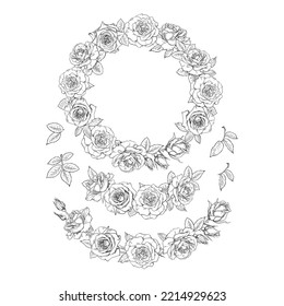 Hand drawn set of rose flowers, highly detailed vintage round frame, vignettes and garlands. Black and white vector illustration in engraving style isolated on white background.