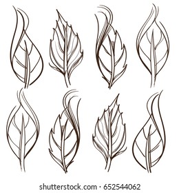 Hand drawn set of rose leaves. Outline vector illustration on white background.