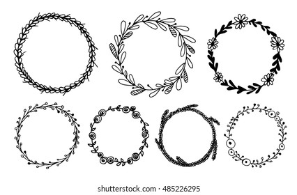 Hand drawn set of round vector frames in black color. Wreath design elements for wedding invitations, posters, web, postcards.