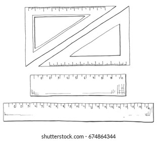 Hand drawn a set of rulers and triangles. Vector illustration of a sketch style.