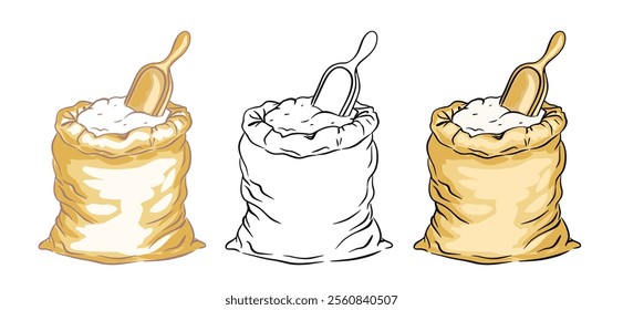 Hand drawn set of sacks of flour with a wooden scoop and on a white background