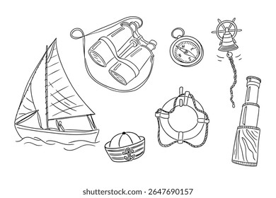 Hand drawn set of sailing elements including boat, binoculars, compass, and lifebuoy for nautical adventure. Represents exploration, freedom, and maritime travel concept