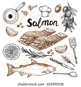 Hand drawn set salmon fish cooking