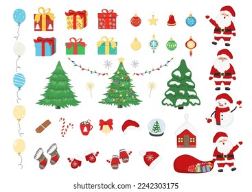 Juego de manos dibujado de Santa Claus, árbol de Navidad, muñeco de nieve, bola de nieve de vidrio, bolsa de Navidad, regalo, bola de decoración, sombrero, migaja. Ilustración de boceto vectorial. Feliz Año Nuevo para las vacaciones de invierno