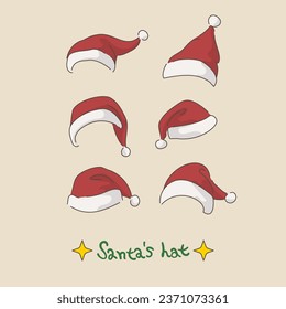 Hand drawn set of Santas hat