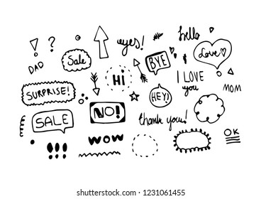 Hand drawn set of sayings and speech bubbles vector