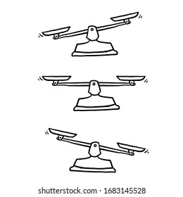 hand drawn Set of scales. Bowls of scales in balance, an imbalance of scales. Libra, vector illustration doodle,