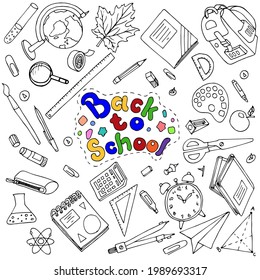 Hand Drawn set of school doodle on white background.Back to School theme.