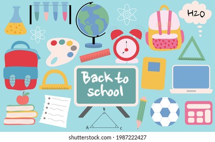 Hand drawn set of School doodles in Color vector. Back to school clipart. School and education icons, symbols, objects set.

