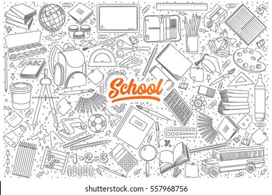 Hand drawn set of school doodles with orange lettering in vector