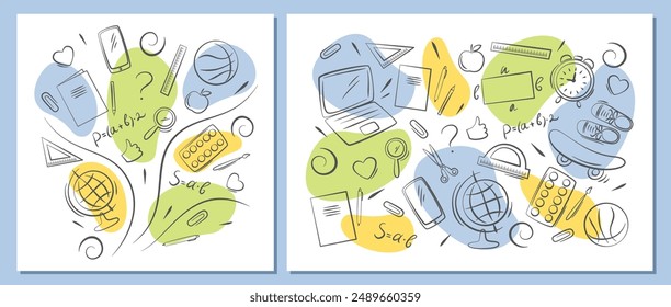 Hand drawn set of school supplies and objects. Back to school background. Doodle sketch style. Vector illustration