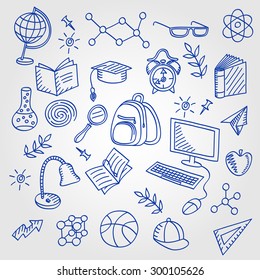 Hand Drawn Set of  School Supplies, Sketchy Doodles Elements, Vector Illustration
