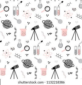 Hand drawn set of science elements seamless pattern. Background with atom, chemical molecule, telescope, asteroid, school doodles. Creative trendy kids texture for fabric, wrapping, wallpaper.