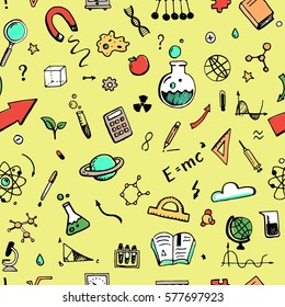 Hand drawn set of science elements seamless pattern. Background with atom, chemical molecule, graphic, book, microscope, school doodles. Vector illustration. 