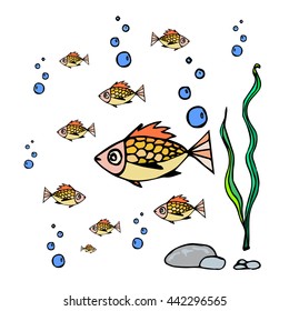Hand drawn set with sea animals - fish. Ocean vector  illustration of sea world. Underwater life design. Tropical sea life background 
