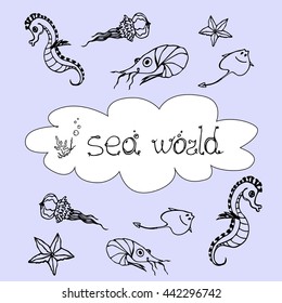 Hand drawn set with sea animals - starfish,  seahorse,  shrimp, stingrey, jellyfish. Ocean vector  illustration of sea world. Underwater life design. Tropical sea life background 