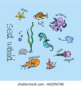 Hand drawn set with sea animals - fish, starfish, octopus, seahorse,  shrimp, stingrey, jellyfish. Ocean vector  illustration of sea world. Underwater life design. Tropical sea life background 