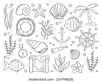 Hand drawn set of sea doodle. Marine elements: shells, fish, seaweed, anchor and 
lifebuoy in sketch style. Vector illustration isolated on white background.