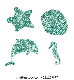 Hand drawn set of sea elements - dolphin, seashell, sea horse and sea star. Vector