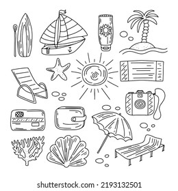 Hand drawn set of sea holidays elements in Doodle sketch style. Cute Illustration for any web design.