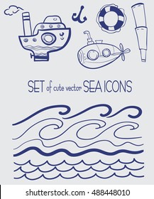 Hand drawn set of sea icons. Vector cartoon objects. Clip art for design.