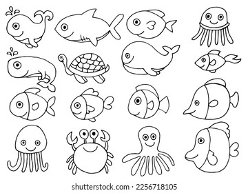 Hand drawn set with sea kawaii animals isolated on white background