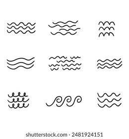 Hand drawn set of sea waves isolated on a white background. Vector illustration.