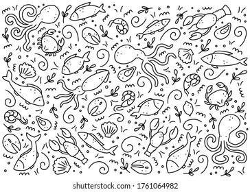 Hand drawn set of seafood elements, fish, lobster, oyster, octopus, shrimp. Doodle sketch style. Sea food element drawn by dogital pen. Vector illustration for icon, menu, recipe design.