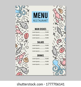 Hand drawn set of seafood elements, fish, lobster, oyster, octopus, shrimp. Doodle sketch style. Sea food element drawn by dogital pen. Vector illustration for icon, menu, recipe design.