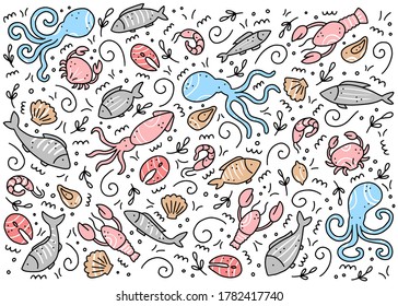 Hand drawn set of seafood elements, fish, lobster, oyster, octopus, shrimp. Doodle sketch style. Sea food element drawn by dogital pen. Vector illustration for icon, menu, recipe design.