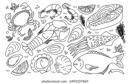 Hand drawn set of seafood elements. Doodle sketch style. Sea food element. Vector illustration for icon, restaurant menu, recipe design.