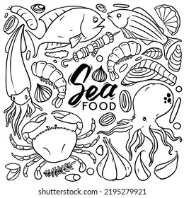 Hand drawn set of seafood illustration, lobster, crab, oyster, mussel, squid and shrimp. Seafood doodles isolated on white background. Vector illustration