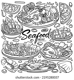 Handgezeichnete Reihe von Meeresfrüchten Illustrationen, Hummer, Krabbe, Austern, Muschel, Kalmare und Garnelen. Fisch-Doodles einzeln auf weißem Hintergrund. Vektorgrafik