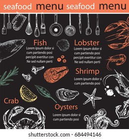 Hand drawn set seafood menu. Template card