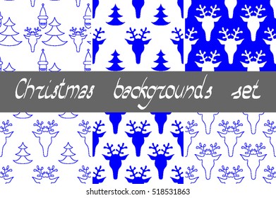  hand drawn set of seamless Christmas patterns with deer for textile, fabric, paper