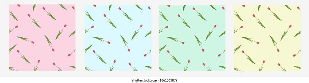 Hand drawn set seamless patterns flowers with leaves. Flower isolated on white background. Botanical organic spring herb. Tulips in doodle style. Collection for cards and labels, books and banners.