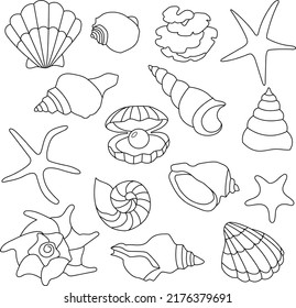 Hand drawn set of seashells. Oceanic sea shell, starfish spiral clam, shell. Outline set isolated vector illustration.