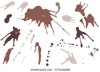 Hand drawn set of sepia colored ink spots isolated on white background. Paint splat set ink. Splat drop vector. Blood splash. Paint blob.