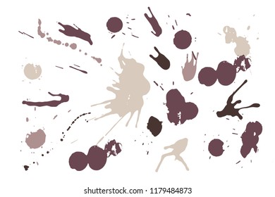 Hand drawn set of sepia colored ink spots isolated on white background. Paint splat set ink. Splat drop vector. Blood splash. Paint blob.